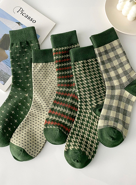 复古袜子女中筒袜ins潮纯棉春秋网红可爱日系绿色长筒堆堆袜秋冬
