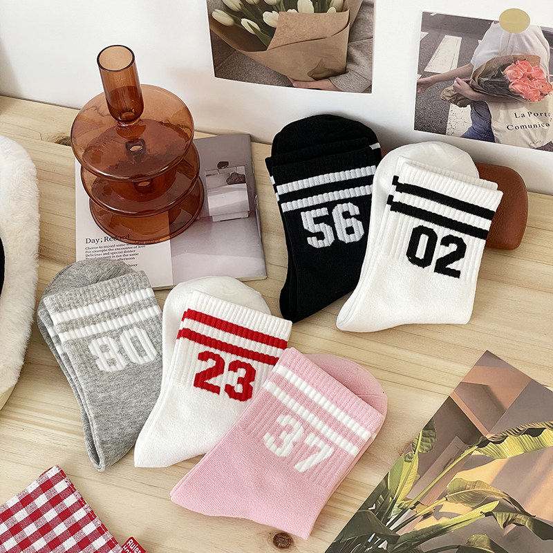 数字双杠袜子女中筒袜ins潮春秋学院风韩国日系黑白运动风长筒袜