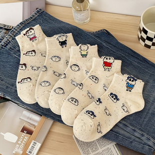 点子纱蜡笔小新袜子女短袜浅口ins夏季 纯棉日系可爱卡通船袜 薄款