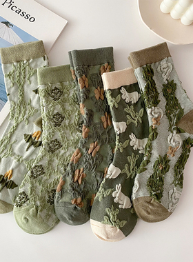 绿色碎花袜子女中筒袜ins潮秋冬季韩国日系复古花纹长筒袜女春秋