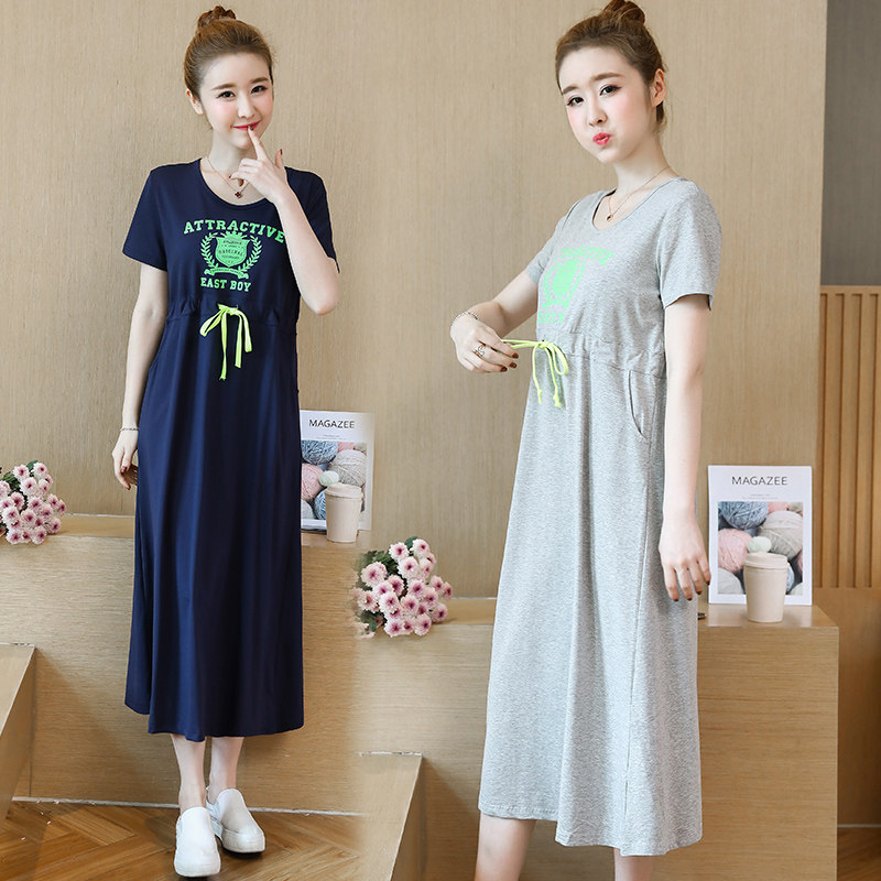 孕妇连衣裙夏装春秋时尚新款潮妈夏季长款宽松显瘦仙孕妇过膝长裙