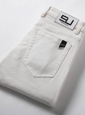 高端纯棉外贸轻奢品牌正品白色牛仔裤男直筒弹力出口原单尾货裤子