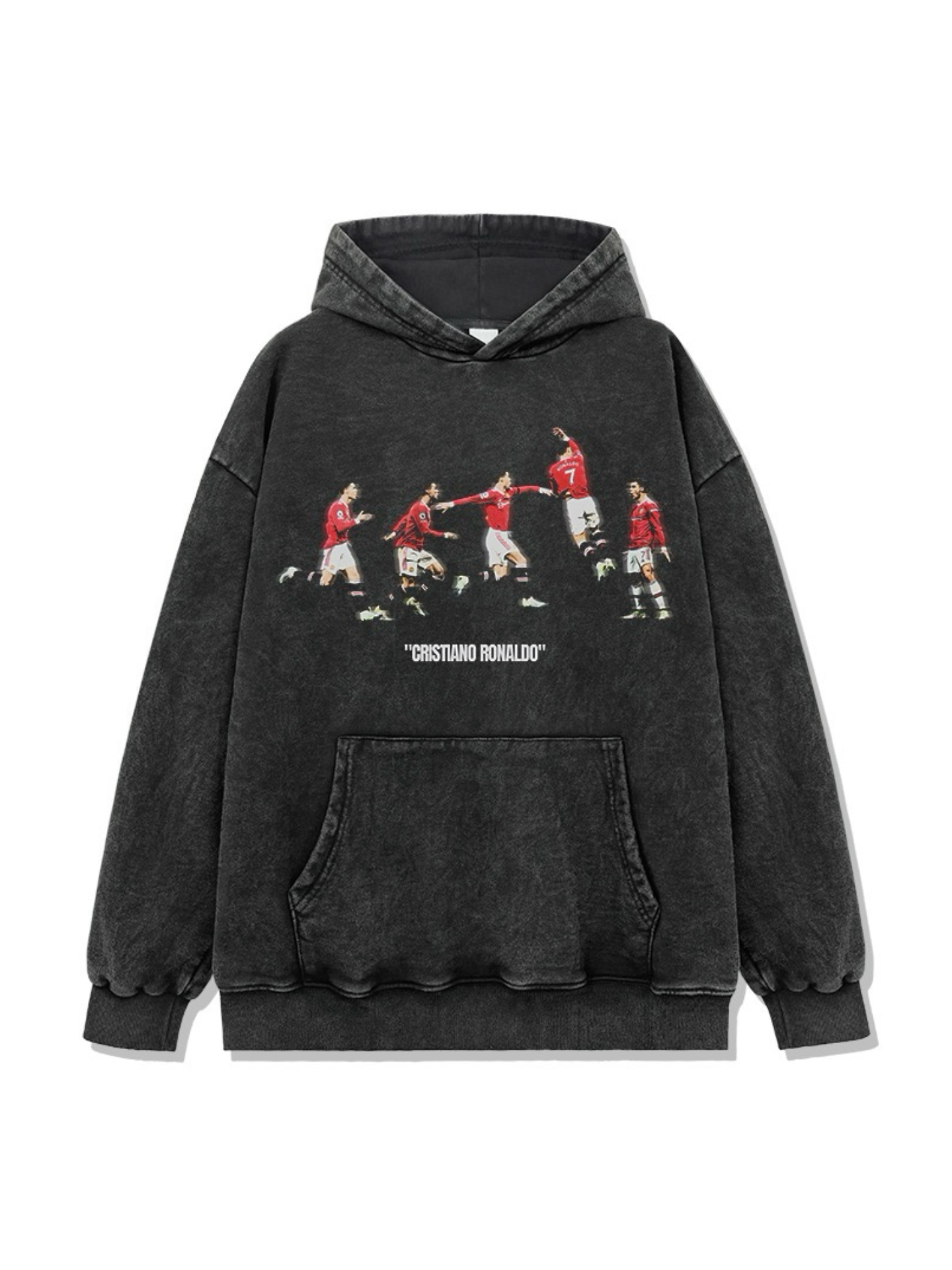 C罗足球星美式风格潮牌数码直喷印花水洗做旧宽松重磅连帽卫衣男