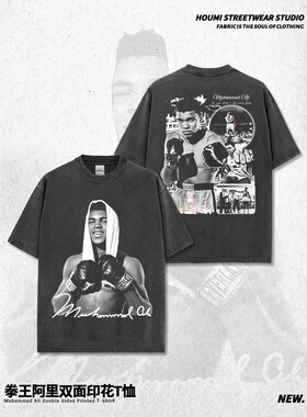 拳王阿里Muhammad Ali 水洗双面美式复古做旧宽松纯棉短袖T恤男女