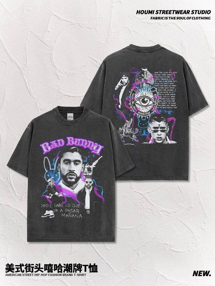 Bad Bunny双面印花美式复古嘻哈oversized宽松重磅纯棉短袖T恤男
