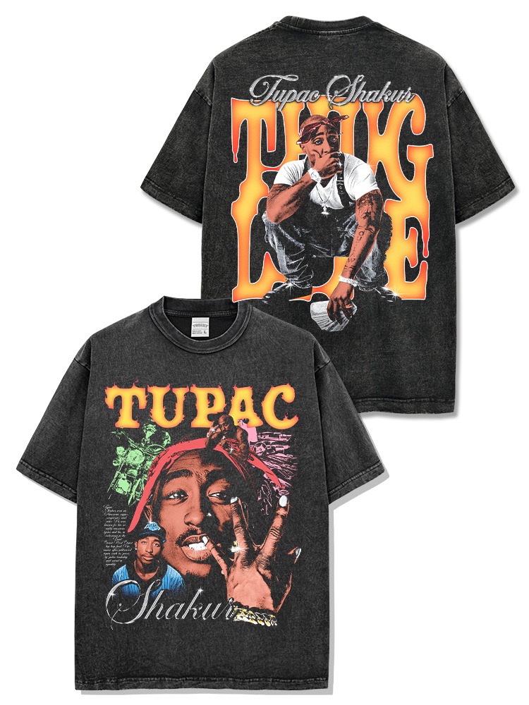 美式图派克·夏库尔Tupac印花短袖t恤男宽松重磅纯棉圆领连帽卫衣