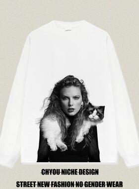 Taylor Swift霉霉印花长袖T恤男女欧美潮牌oversize宽松纯棉上衣