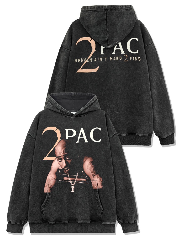 美式街头嘻哈短袖2PAC复古印花水洗做旧重磅纯棉宽松连帽卫衣男女