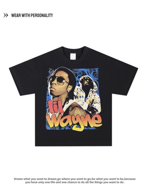 Lil Wayne李尔韦恩南部嘻哈说唱印花美式复古宽松纯棉短袖T恤男女