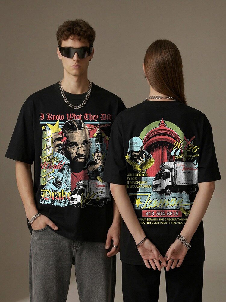 Drake公鸭印花美式高街潮牌vintage做旧宽松重磅纯棉短袖T恤男女