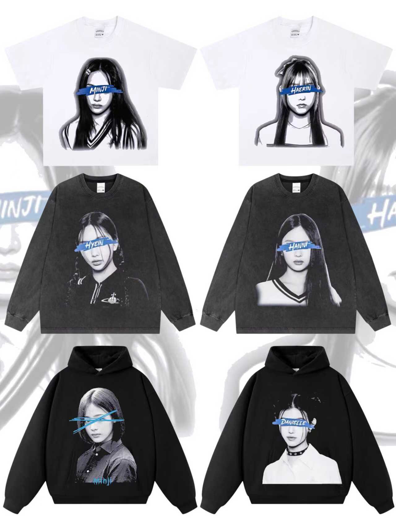 美式潮牌NewJeans 女团印花水洗做旧连帽卫衣男女宽松重磅外套ins