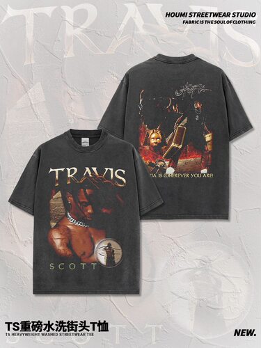 TS Travis Scott双面印花美式高街vintage宽松重磅纯棉短袖T恤男