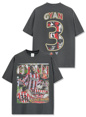 美式复古吉安Asamoah Gyan印花水洗短袖t恤男宽松纯棉小领口半袖