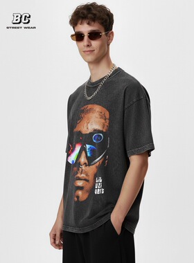 美式嘻哈说唱小乌兹Lil Uzi Vert水洗做旧短袖T恤男宽松纯棉上衣