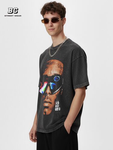 美式嘻哈说唱小乌兹Lil Uzi Vert水洗做旧短袖T恤男宽松纯棉上衣