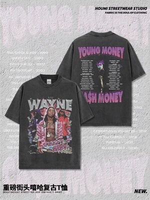 Lil Wayne数码印花美式街头嘻哈水洗做旧重磅宽松纯棉短袖T恤男女