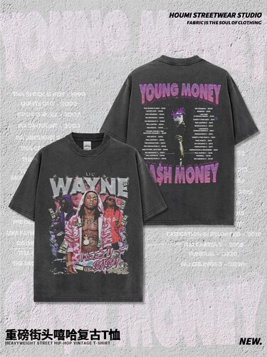 Lil Wayne数码印花美式街头嘻哈水洗做旧重磅宽松纯棉短袖T恤男女
