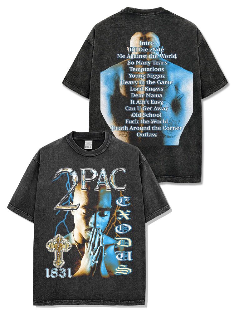 欧美嘻哈说唱歌手2PAC数码印花短袖T恤男女宽松重磅街头连帽卫衣