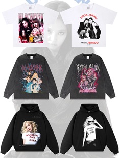 美式复古BLACKPINK数码直喷纯棉透气连帽卫衣男女宽松百搭外套ins