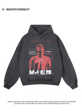 美式复古 JustinBieber数码印花水洗做旧连帽卫衣男宽松重磅外套