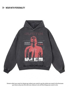 美式复古 JustinBieber数码印花水洗做旧连帽卫衣男宽松重磅外套