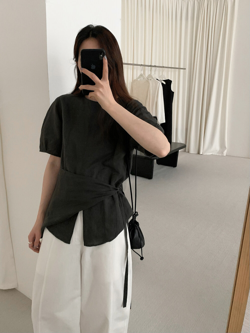 夏新thxgiving韩系简约风圆领三角巾绑带开叉设计感小众短袖衬衫