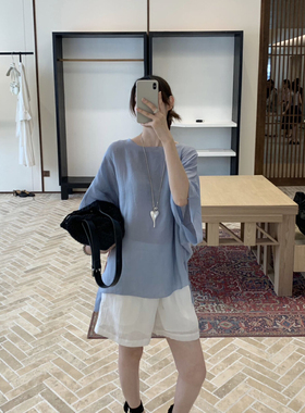 夏上新!AMBRE韩系简约清新风纯色极简圆领苎麻宽松小衫防晒衫