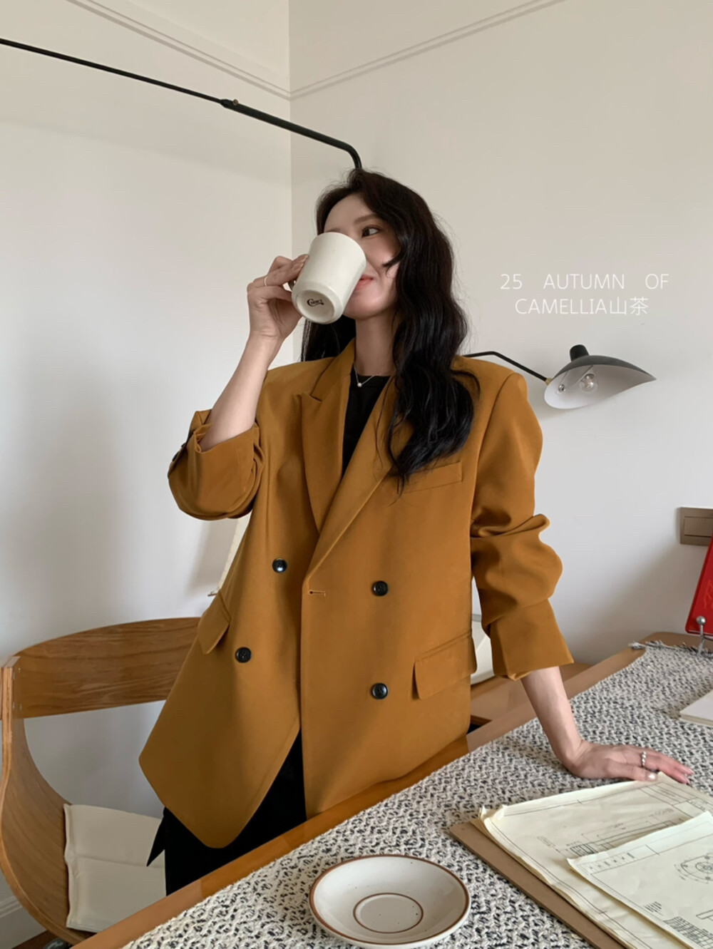 秋上新山茶韩系简约百搭通勤宽松显瘦双排扣西装外套女
