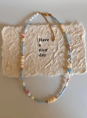 春夏清新粉蓝小众串珠项链气质百搭高级感锁骨链新款甜美颈链女