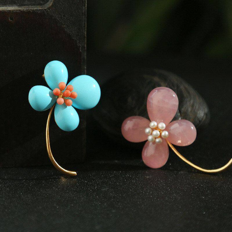 珍珠粉水晶一枝花胸针绿松石四叶草手工DIY胸花配饰别针粉晶礼服