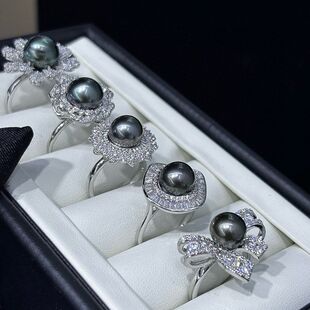 9-12mm海水大溪地黑珍珠戒指镀白金保色久开口易调节面无瑕精挑款