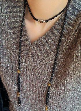 简约行星虎眼石黑玛瑙长款项链