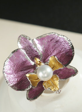 原创手作紫色蝴蝶兰珍珠胸针冬季大衣胸花女毛衣链吊坠丝巾扣三用