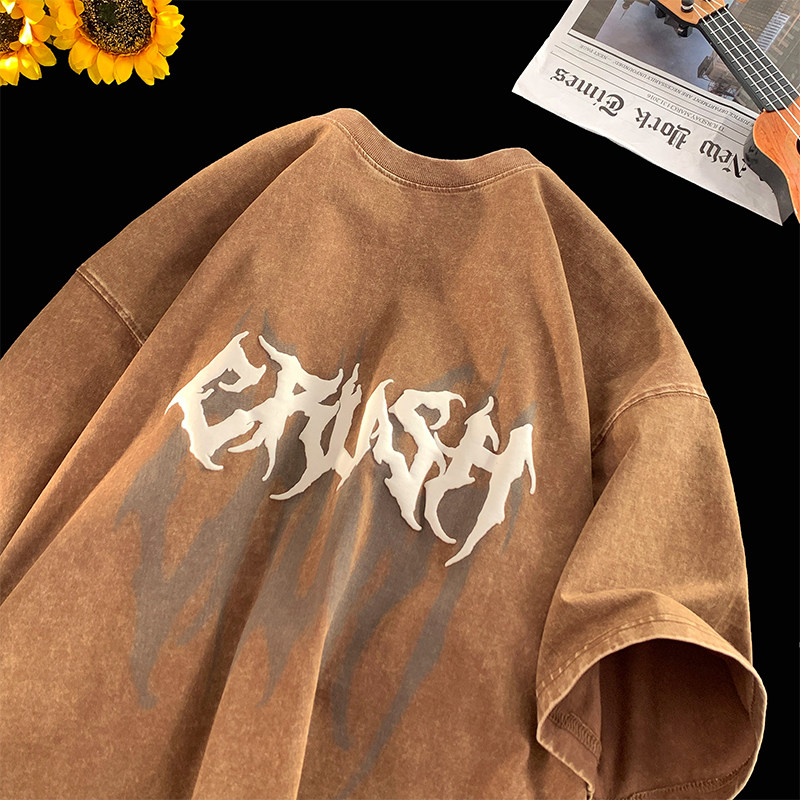 抖音品质蜡染4色发泡字母宽松情侣百搭纯棉短袖T恤213-1-TH17控58，男装T恤，星座213-1