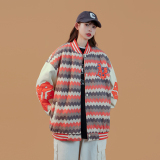 新款宽松高街pu贴画拼接条纹棒球服夹克jk688p125控138xz213-1，女装短外套，星座213-1