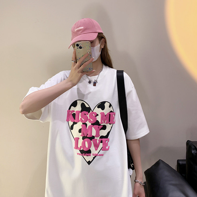 抖音品质260g5色发泡爱心宽松情侣百搭纯棉短袖T恤213-1-TH15控48图片