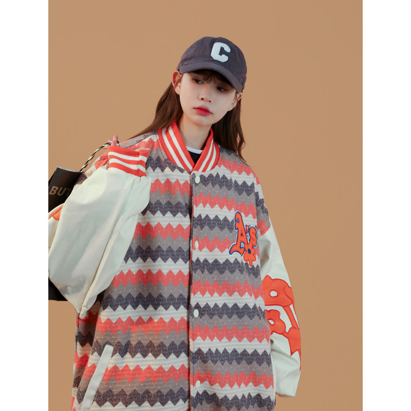 新款宽松高街pu贴画拼接条纹棒球服夹克jk688p125控138xz213-1,女装短外套,星座213-1