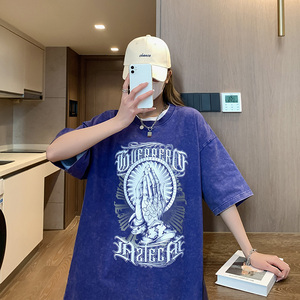 抖音品质蜡染4色夸张印花宽松情侣百搭纯棉短袖T恤213-1-TH16控58图片