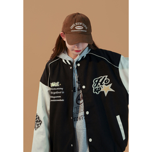 新款宽松高街pu拼接毛巾绣棒球服夹克jk666p110控128 xz213-1图片