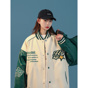 新款宽松高街pu拼接毛巾绣棒球服夹克jk666p110控128 xz213-1图片