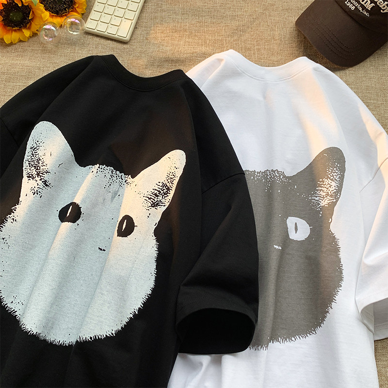 抖音品质260g5色可爱猫咪宽松情侣百搭纯棉短袖T恤213-1-TH10控48图片