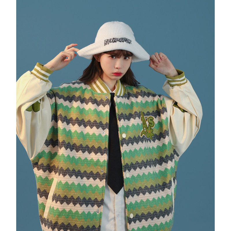 新款宽松高街pu贴画拼接条纹棒球服夹克jk688p125控138xz213-1,女装短外套,星座213-1