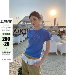 上衣 宋正恩蓝色绣花针织正肩短袖 t恤女夏季 圆领修身 毛织显瘦短款