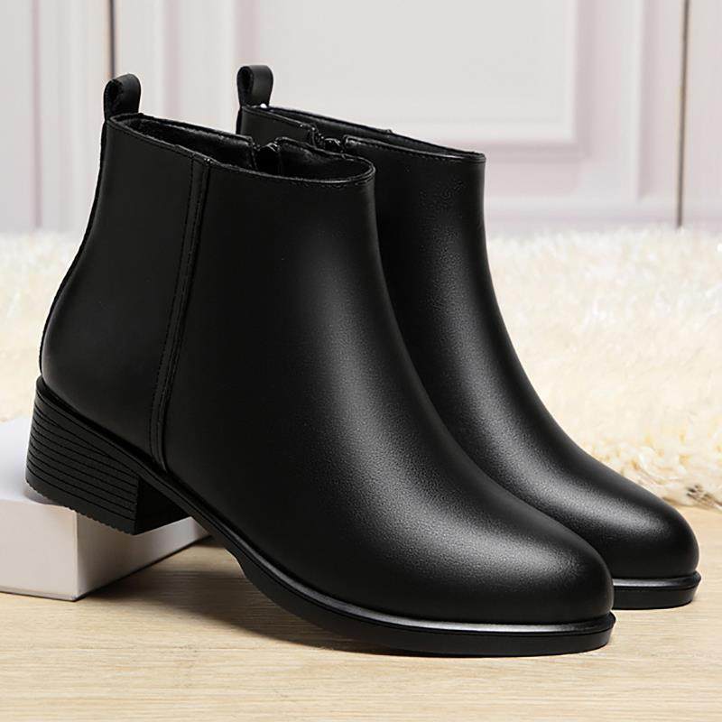 粗跟中年妈妈鞋加绒短靴女工作鞋黑色皮鞋女鞋鞋女靴子秋1029h