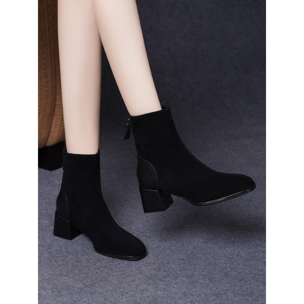 新款靴子2025秋季方头短靴女粗跟切尔西靴磨砂女鞋秋冬中跟1112h