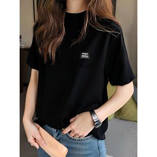时尚 t恤2026新字母绣花宽松西式 品牌加厚0323r 女式 黑色半高领短袖