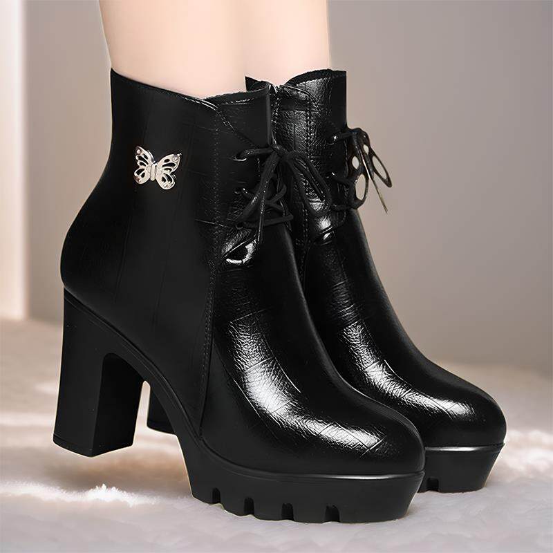 高跟马丁靴女2025秋冬新款厚底靴子台妈妈鞋粗跟鞋加绒短1029h