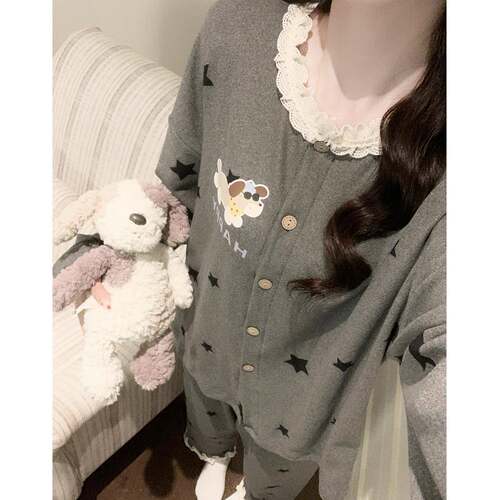 长袖睡衣女秋款春冬加厚深灰小狗花边开衫甜酷少家居服套装0917e
