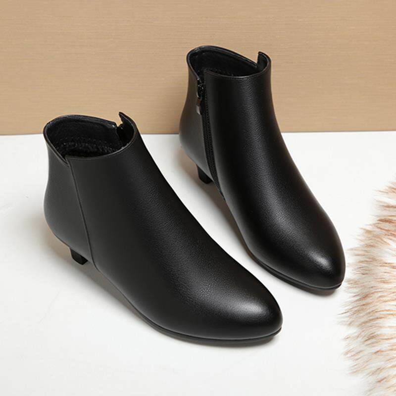 秋冬款单靴黑色工作鞋皮鞋上班短靴中跟女鞋冬季加绒靴1029h