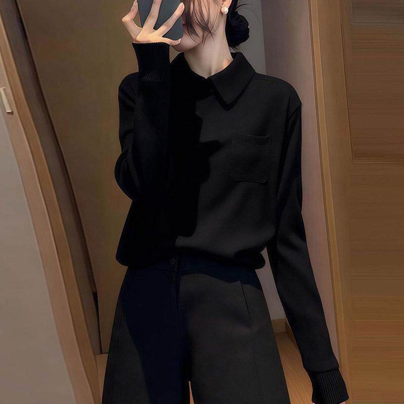 轻熟小众高级感减龄黑色polo领长袖针织衫女秋春装内搭修身1018e